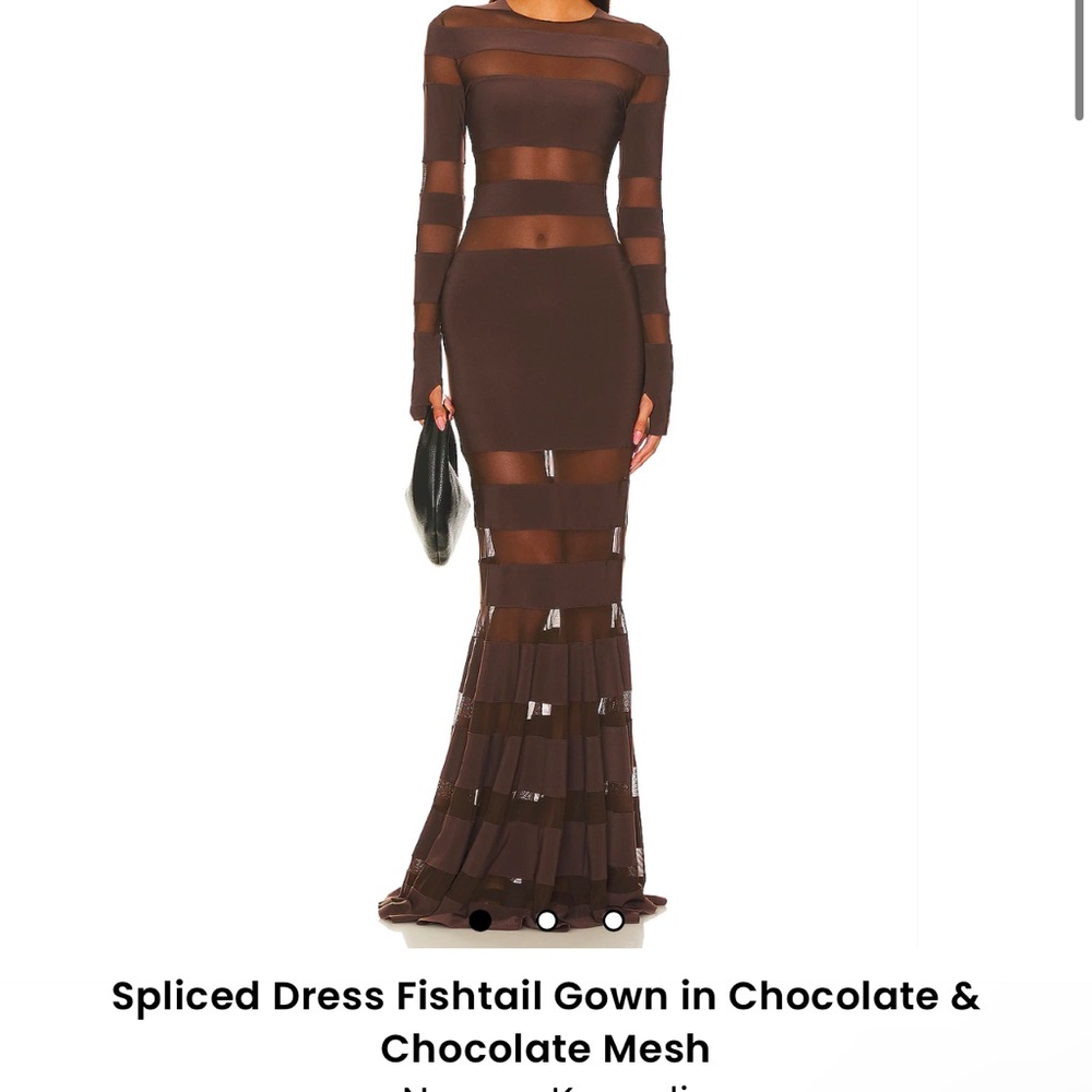 Norma Kamali fishtail gown long sleeve in chocolate and chocolate mesh. NWT XL